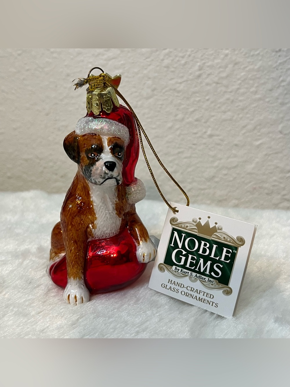 Boxer Santa Christmas Glass Ornament Noble Gems NWT